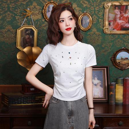 短款修身白t恤女新款爆款夏季高端独特别致烫钻短袖上衣 服裝批發女裝批發服飾貨源