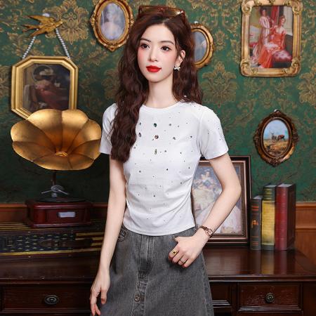 短款修身白t恤女新款爆款夏季高端独特别致烫钻短袖上衣 服裝批發女裝批發服飾貨源