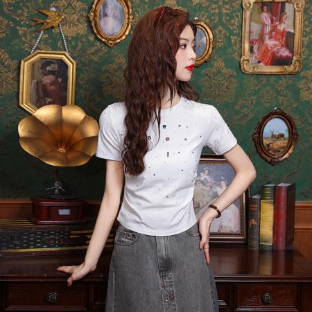 短款修身白t恤女新款爆款夏季高端独特别致烫钻短袖上衣 服裝批發女裝批發服飾貨源