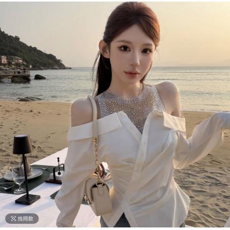 粉红丨“娇艳女主”设计感假两件重工烫钻衬衫上衣女 服裝批發女裝批發服飾貨源