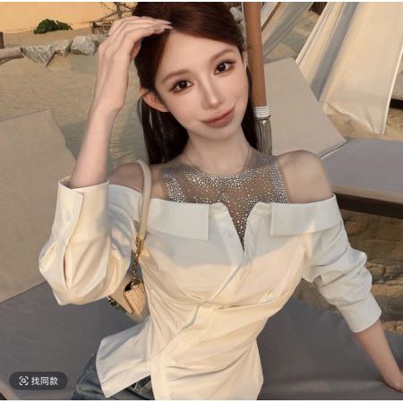 粉红丨“娇艳女主”设计感假两件重工烫钻衬衫上衣女 服裝批發女裝批發服飾貨源