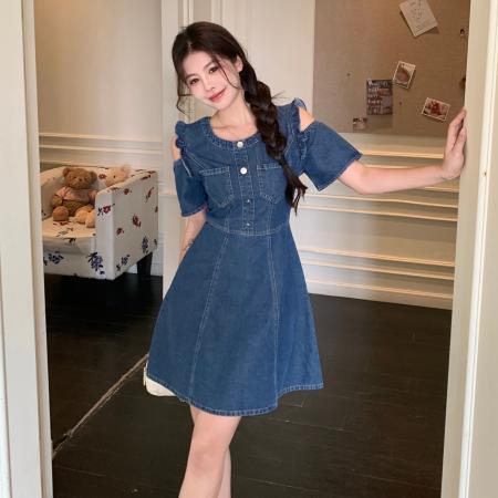 ～大码女装韩系露肩牛仔裙显瘦减龄百搭 服裝批發女裝批發服飾貨源