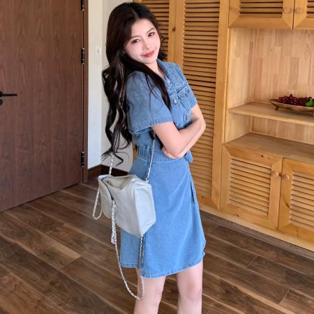 ～大码女装系带牛仔裙收腰显瘦甜酷减龄藏肉百搭 服裝批發女裝批發服飾貨源