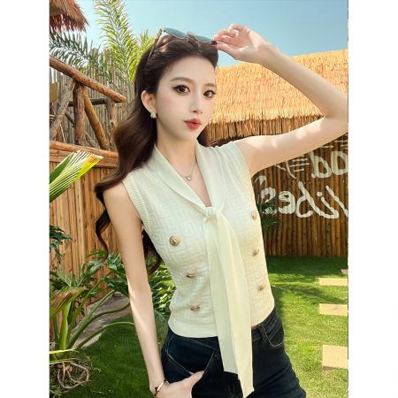 法式气质小香风V领飘带针织背心女夏季新款修身短款无袖上衣 服裝批發女裝批發服飾貨源