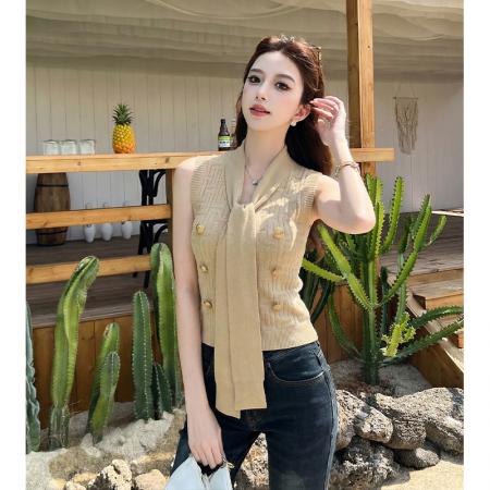 法式气质小香风V领飘带针织背心女夏季新款修身短款无袖上衣 服裝批發女裝批發服飾貨源