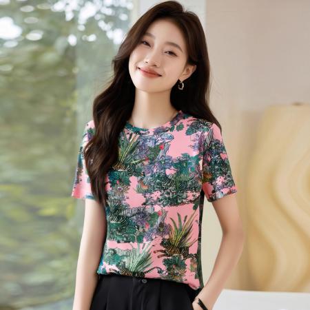 欧货夏季复古印花网纱冰丝短袖t恤女修身洋气百搭别致打底上衣 服裝批發女裝批發服飾貨源