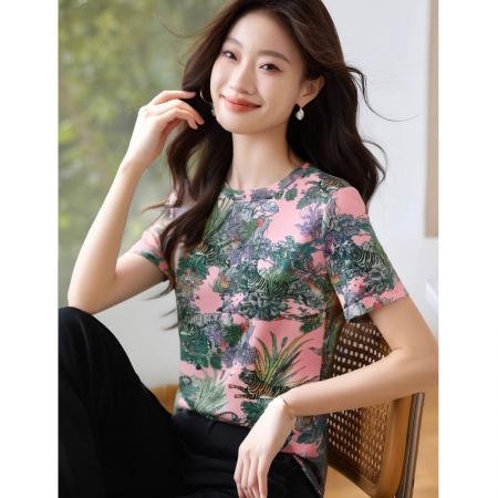 欧货夏季复古印花网纱冰丝短袖t恤女修身洋气百搭别致打底上衣 服裝批發女裝批發服飾貨源