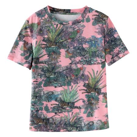 欧货夏季复古印花网纱冰丝短袖t恤女修身洋气百搭别致打底上衣 服裝批發女裝批發服飾貨源