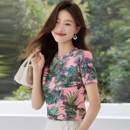 欧货夏季复古印花网纱冰丝短袖t恤女修身洋气百搭别致打底上衣 服裝批發女裝批發服飾貨源