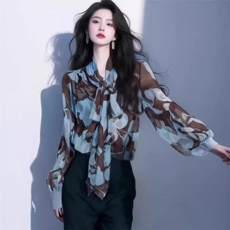 设计感系带别致薄款长袖衬衫夏季时尚花色防晒衫衬衣气质显瘦上衣 服裝批發女裝批發服飾貨源
