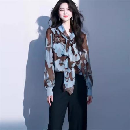设计感系带别致薄款长袖衬衫夏季时尚花色防晒衫衬衣气质显瘦上衣 服裝批發女裝批發服飾貨源