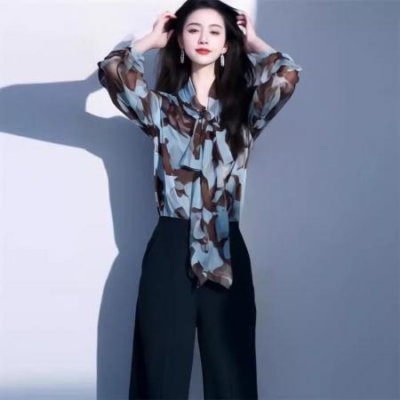 设计感系带别致薄款长袖衬衫夏季时尚花色防晒衫衬衣气质显瘦上衣 服裝批發女裝批發服飾貨源