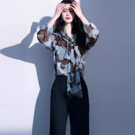 设计感系带别致薄款长袖衬衫夏季时尚花色防晒衫衬衣气质显瘦上衣 服裝批發女裝批發服飾貨源