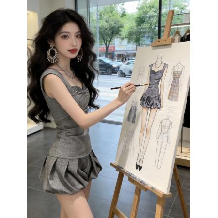 纯欲辣妹无袖亮片褶皱背心女夏季新款设计感上衣花苞短裙两件套装 服裝批發女裝批發服飾貨源