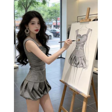 纯欲辣妹无袖亮片褶皱背心女夏季新款设计感上衣花苞短裙两件套装 服裝批發女裝批發服飾貨源