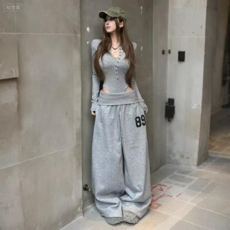 FA56856#美式时尚翻边抽绳休闲卫裤+纽扣长袖T恤上衣两件套装