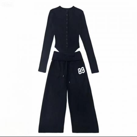 BY12776# FA56856#美式时尚翻边抽绳休闲卫裤+纽扣长袖T恤上衣两件套装