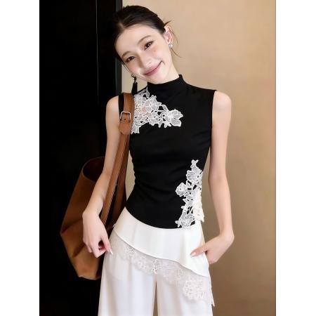 BY12779# 春夏绣花蕾丝拼接背心女镂空修身无袖内搭上衣 服裝批發女裝批發服飾貨源