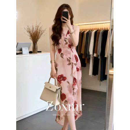 BY12780# 春夏油画玫瑰印花雪纺交叠V领收腰开衩无袖连衣裙 服裝批發女裝批發服飾貨源