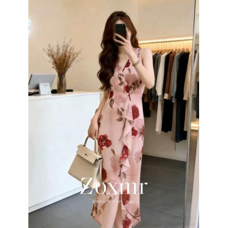 BY12780# 春夏油画玫瑰印花雪纺交叠V领收腰开衩无袖连衣裙 服裝批發女裝批發服飾貨源