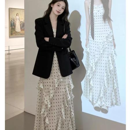 早春穿搭一整套新款韩系气质富家千金感西服套装连衣裙两件套 服裝批發女裝批發服飾貨源