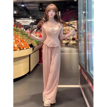 春季新款粉色条纹减龄休闲运动穿搭一整套女小个子两件套装 服裝批發女裝批發服飾貨源