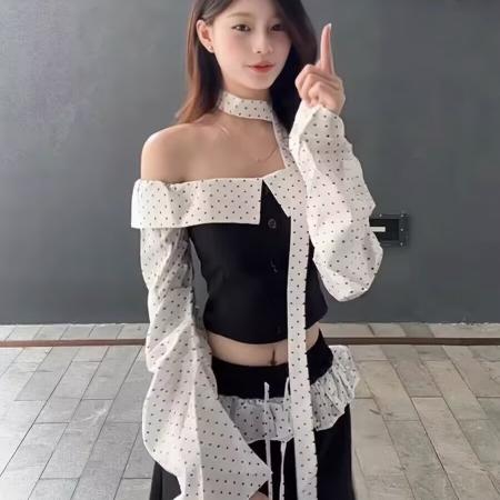 春季学院风辣妹穿搭一整套女高级感波点长袖抹胸上衣阔腿裤两件套 服裝批發女裝批發服飾貨源