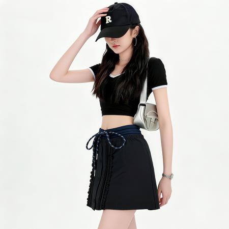 BY12785# 春季复古学院风格半身裙女高腰抽绳显瘦修身短裙百搭 服裝批發女裝批發服飾貨源