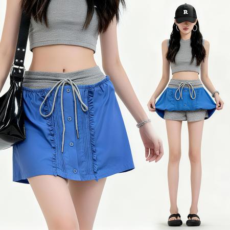 BY12785# 春季复古学院风格半身裙女高腰抽绳显瘦修身短裙百搭 服裝批發女裝批發服飾貨源