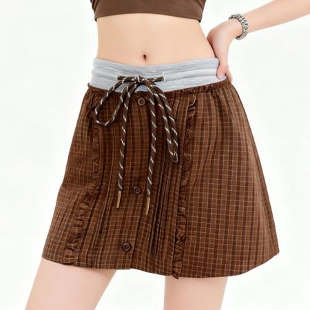 BY12785# 春季复古学院风格半身裙女高腰抽绳显瘦修身短裙百搭 服裝批發女裝批發服飾貨源