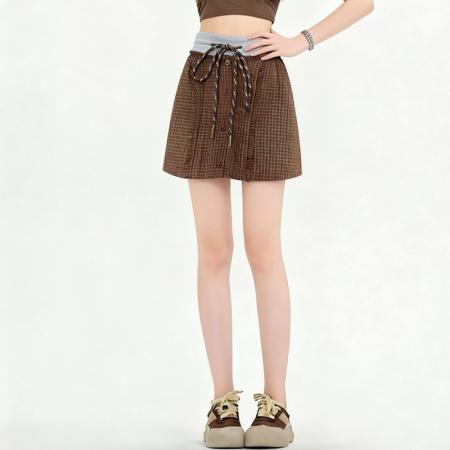 BY12785# 春季复古学院风格半身裙女高腰抽绳显瘦修身短裙百搭 服裝批發女裝批發服飾貨源