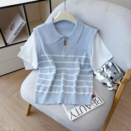 夏季新款假两件休闲圆领前拉链提花T恤天丝麻针织衫上衣女 服裝批發女裝批發服飾貨源