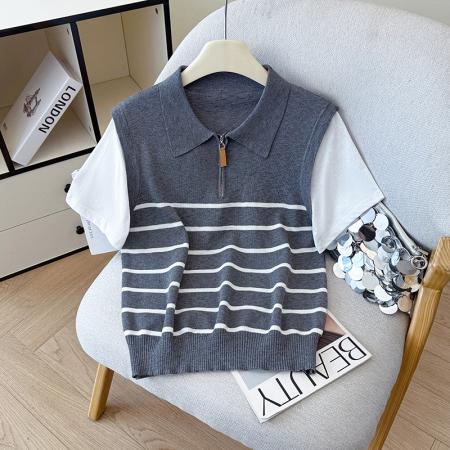 BY12787# 夏季新款假两件休闲圆领前拉链提花T恤天丝麻针织衫上衣女 服裝批發女裝批發服飾貨源