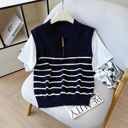 BY12787# 夏季新款假两件休闲圆领前拉链提花T恤天丝麻针织衫上衣女 服裝批發女裝批發服飾貨源