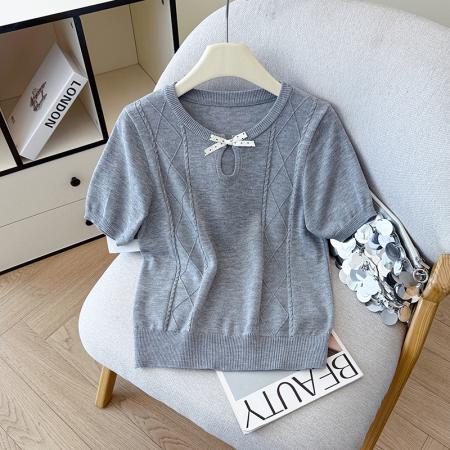 BY12788# 夏季新款蝴蝶结两休闲圆领麻花T恤天丝麻针织衫上衣女 服裝批發女裝批發服飾貨源