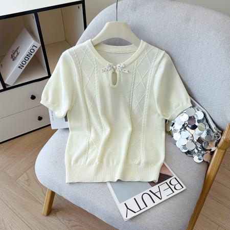 BY12788# 夏季新款蝴蝶结两休闲圆领麻花T恤天丝麻针织衫上衣女 服裝批發女裝批發服飾貨源