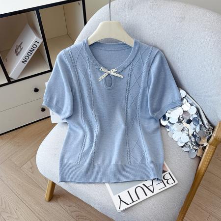 BY12788# 夏季新款蝴蝶结两休闲圆领麻花T恤天丝麻针织衫上衣女 服裝批發女裝批發服飾貨源