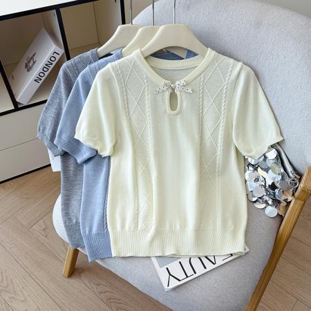 BY12788# 夏季新款蝴蝶结两休闲圆领麻花T恤天丝麻针织衫上衣女 服裝批發女裝批發服飾貨源