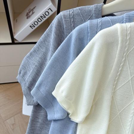 BY12788# 夏季新款蝴蝶结两休闲圆领麻花T恤天丝麻针织衫上衣女 服裝批發女裝批發服飾貨源