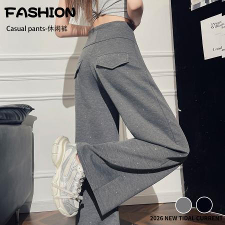 BY12790# 重工烫钻空气棉阔腿裤女春季高腰百搭拖地休闲裤运动直筒长裤 服裝批發女裝批發服飾貨源