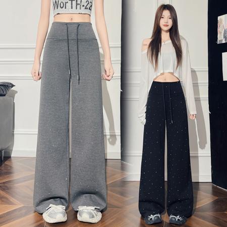 BY12790# 重工烫钻空气棉阔腿裤女春季高腰百搭拖地休闲裤运动直筒长裤 服裝批發女裝批發服飾貨源