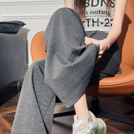 BY12790# 重工烫钻空气棉阔腿裤女春季高腰百搭拖地休闲裤运动直筒长裤 服裝批發女裝批發服飾貨源