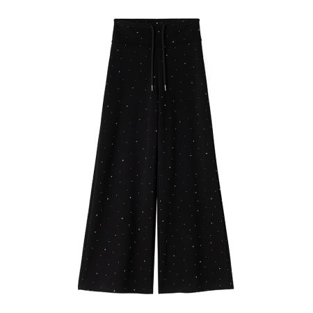 BY12790# 重工烫钻空气棉阔腿裤女春季高腰百搭拖地休闲裤运动直筒长裤 服裝批發女裝批發服飾貨源