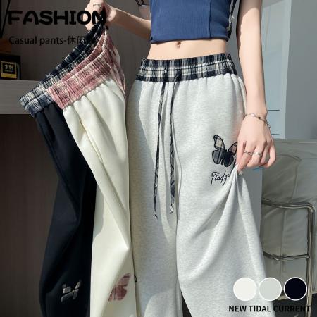 BY12791# 春夏新款慵懒风卡通印花阔腿长裤女休闲显瘦百搭运动卫裤 服裝批發女裝批發服飾貨源