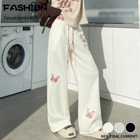 BY12791# 春夏新款慵懒风卡通印花阔腿长裤女休闲显瘦百搭运动卫裤 服裝批發女裝批發服飾貨源