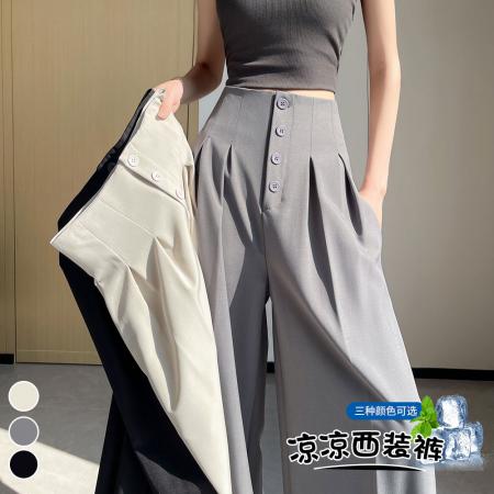BY12792# 春夏新款西装裤女高腰阔腿裤直筒排扣休闲宽松拖地长裤子 服裝批發女裝批發服飾貨源