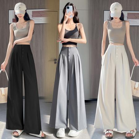 BY12792# 春夏新款西装裤女高腰阔腿裤直筒排扣休闲宽松拖地长裤子 服裝批發女裝批發服飾貨源