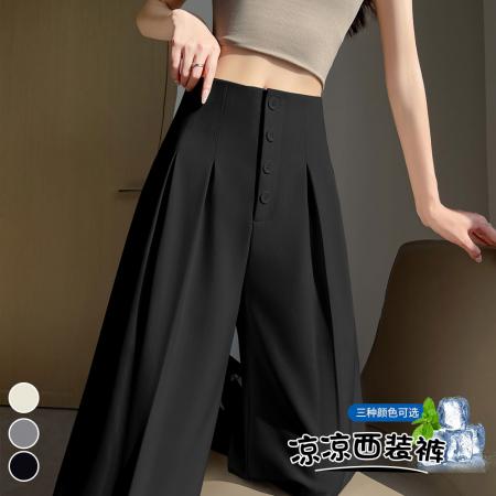 BY12792# 春夏新款西装裤女高腰阔腿裤直筒排扣休闲宽松拖地长裤子 服裝批發女裝批發服飾貨源