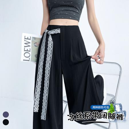 BY12793# 蕾丝系带天丝牛仔阔腿裤女夏季新款冰丝垂感宽松休闲长裤 服裝批發女裝批發服飾貨源