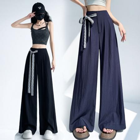 BY12793# 蕾丝系带天丝牛仔阔腿裤女夏季新款冰丝垂感宽松休闲长裤 服裝批發女裝批發服飾貨源